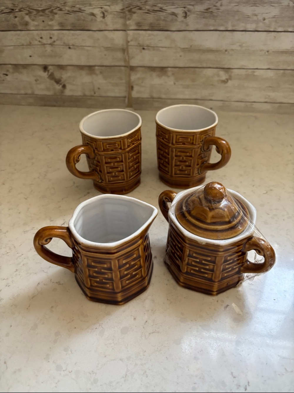 Brown Ceramic Creamer and Sugar Set with Matching Mugs - Home Dining